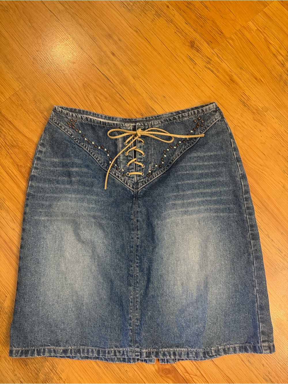 Y2K Festival LA Blues Jean Skirt Suede Lace Front Sz 4